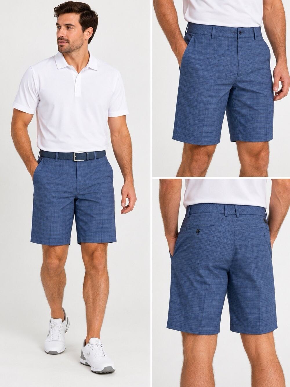 Walter Hagen Mens Blue Plaid Shorts 34 10" Flat Front Stretch